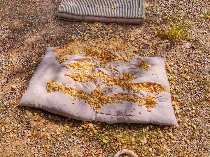 A destroyed dog bed with the stuffing out all over the place.