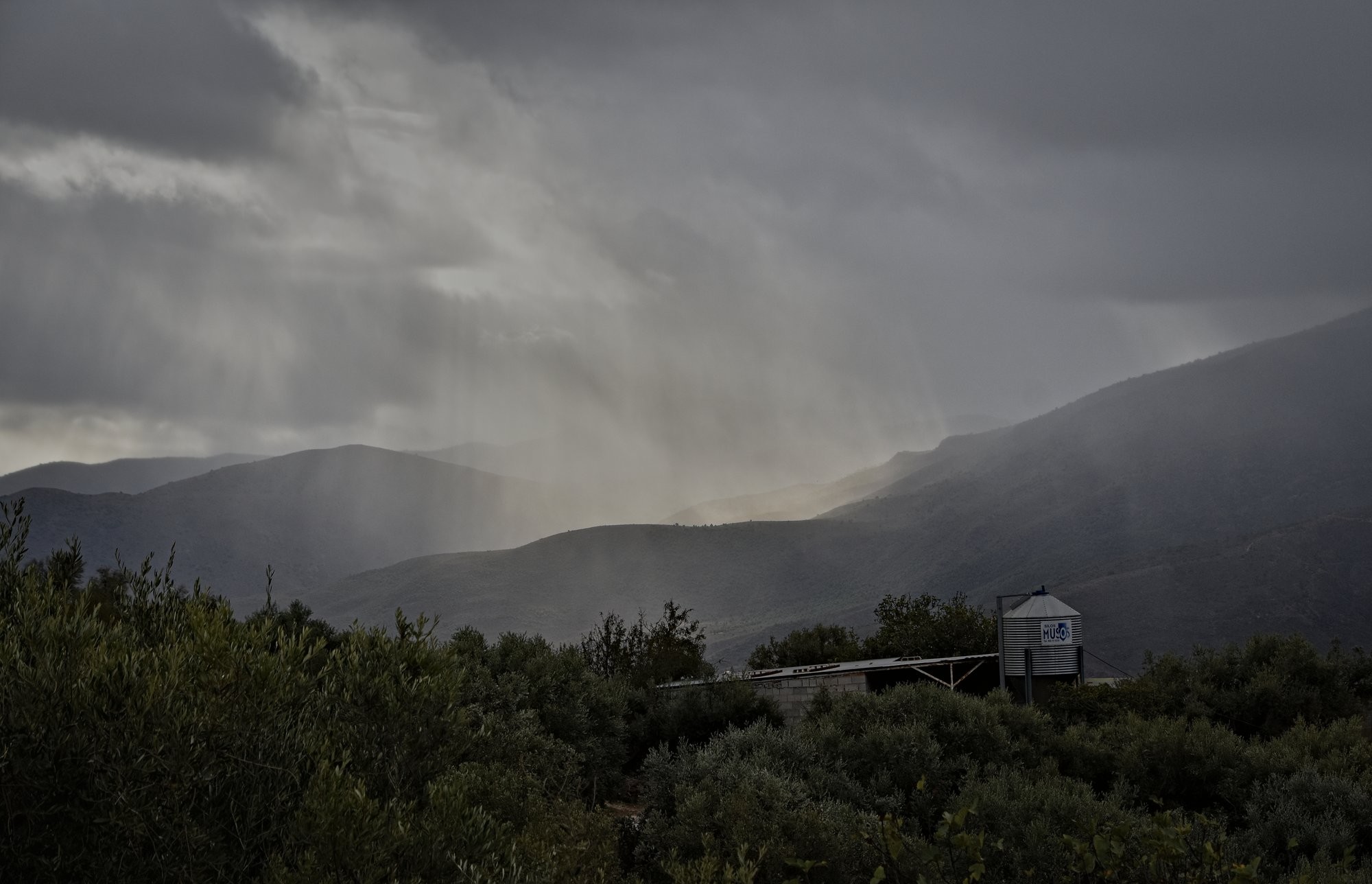 A rain shower passing over a mountain range with olive trees and a small farm in front